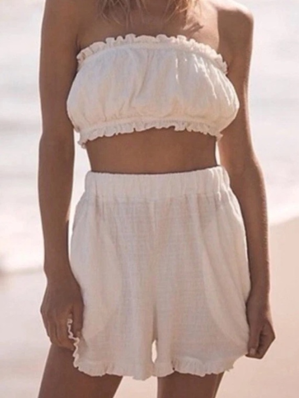 High Waist Ruffle Cotton Shorts - White